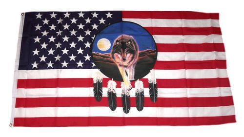 Fahne / Flagge USA - Wolf mit Feder 90 x 150 cm