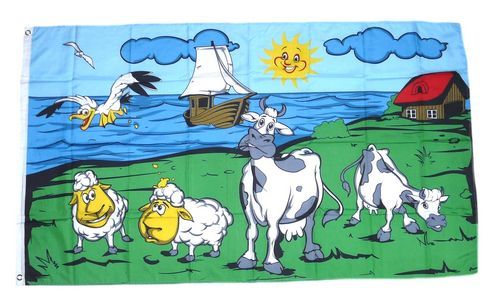 Fahne Flagge Kühe Schafe Meer Schiff Möwen Küste Sonne 90x150cm Hissfahne 