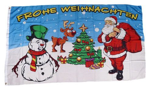 Fahnen Flagge Frohe Weihnachten Rentier Schlitten Blau 90 x 150 cm